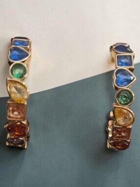 Camilla Coehlo Nwt Multi-Color Gemstone Hoop Earrings - Gold Tone